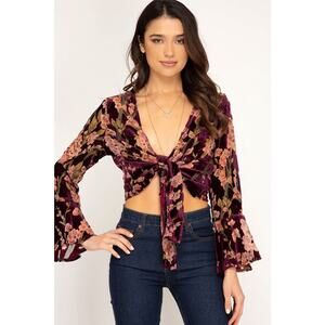 Burnout Velvet Tie Front Bell Sleeve Floral Crop Top Burgundy Whimsigoth Fairygr